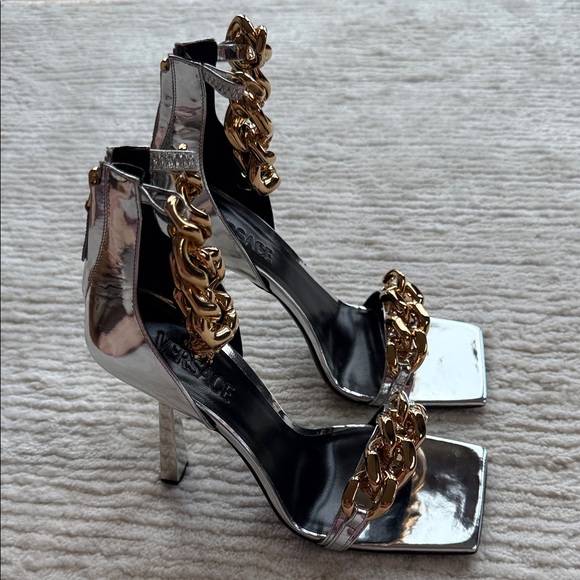 Versace Shoes - Versace Silver Heels with Gold Chain Accents size 41